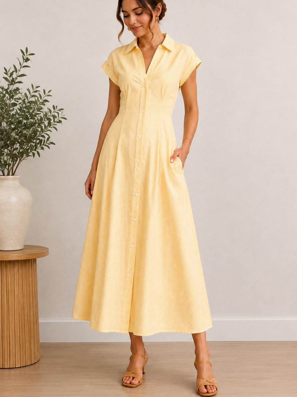 Pearl Soft Yellow Button-Front Maxi Shirt Dress